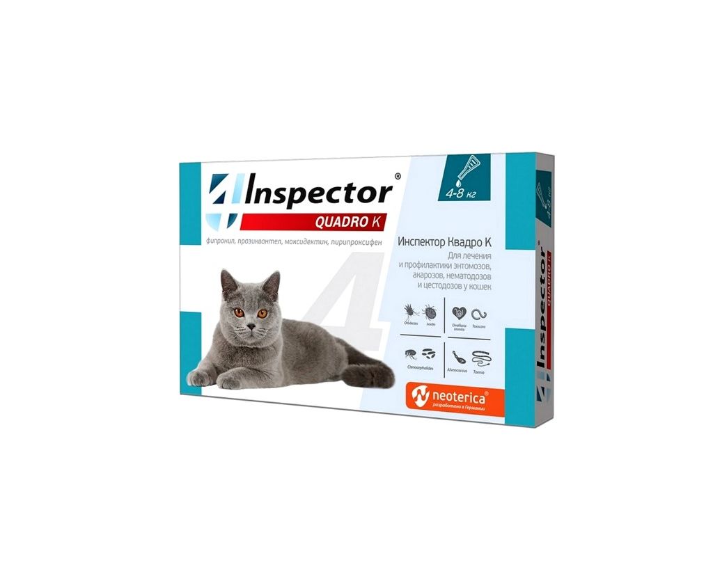 Капли инспектор для кошек купить. Капли от блох Кош. Inspector Quadro до 4кг. Inspector для кошек 4-8 кг. Инспектор Квадро к для кошек. Капли инспектор для кошек от глистов и блох на холку.